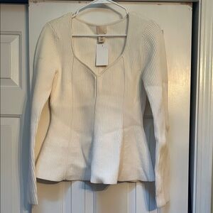 Women's Cream Ribbed Peplum Sweater - V-Neck